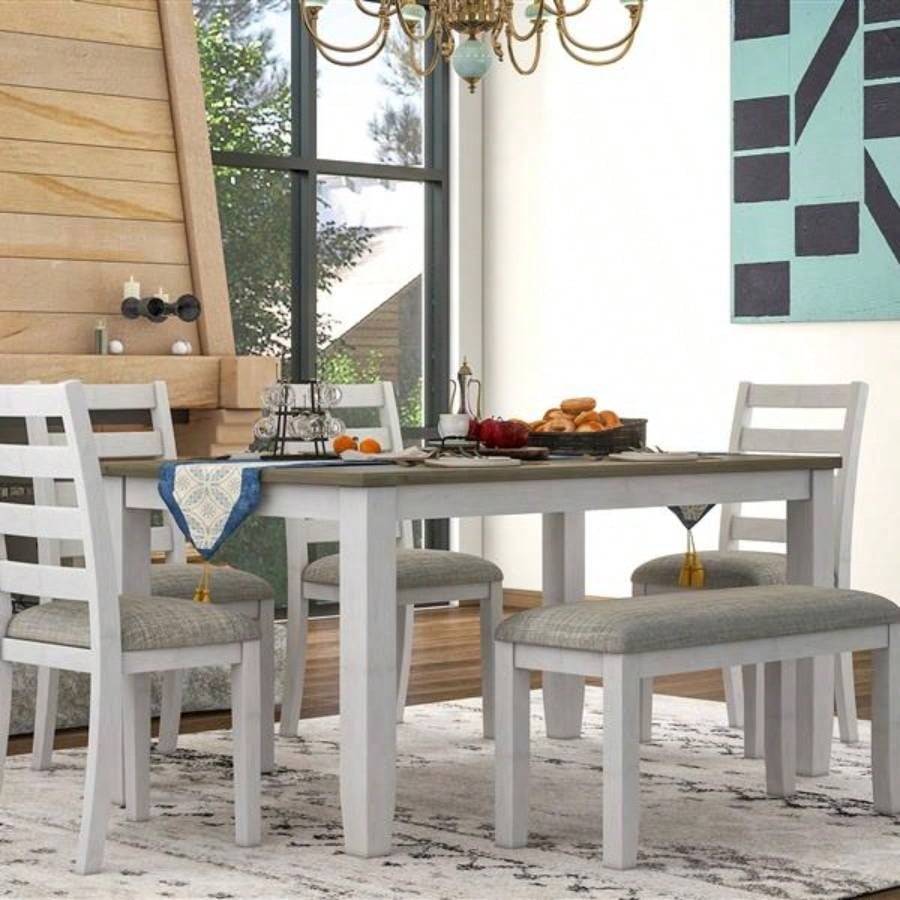 Rustic Style 6 - Piece Dining Room Table Set with 4 Upholstered Chairs a Brown+ Whitewash