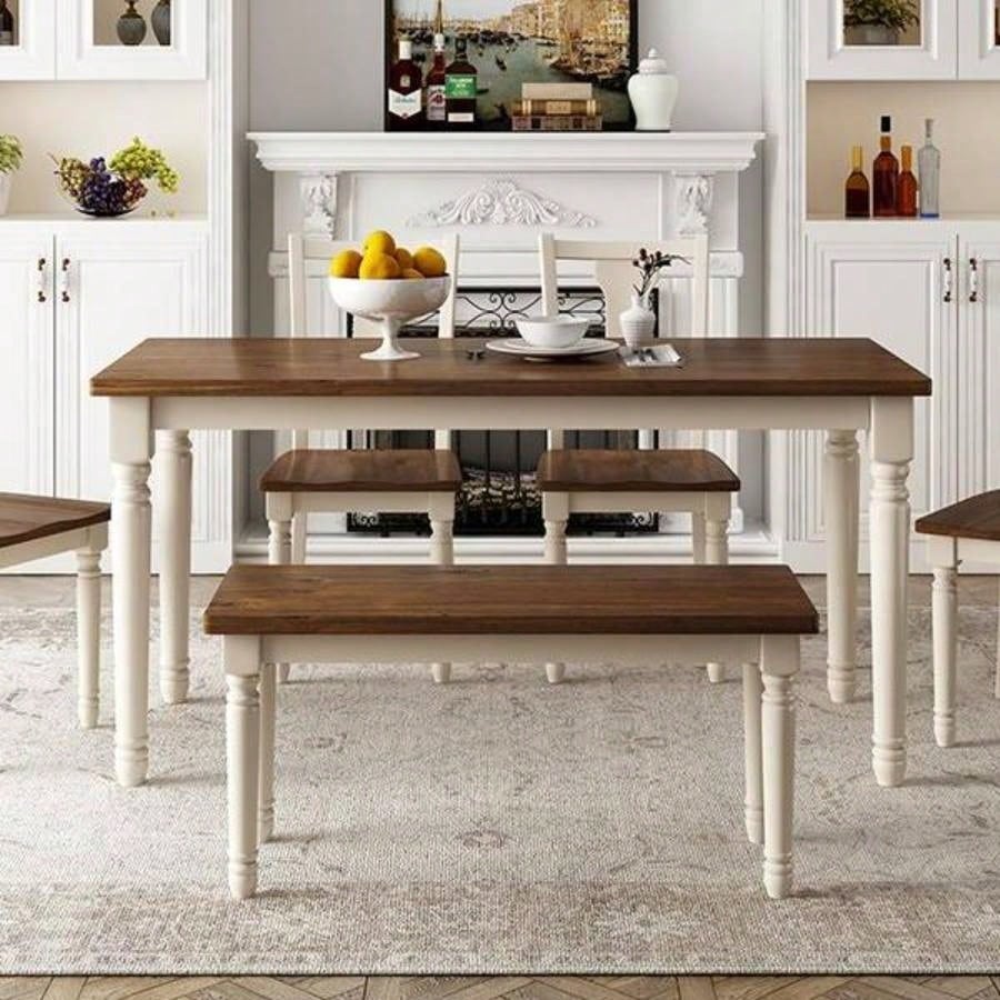 Classic 6 - Piece Dining Set Wooden Table and 4 Chairs with Kitchen Dining Room Brown+Cottage White