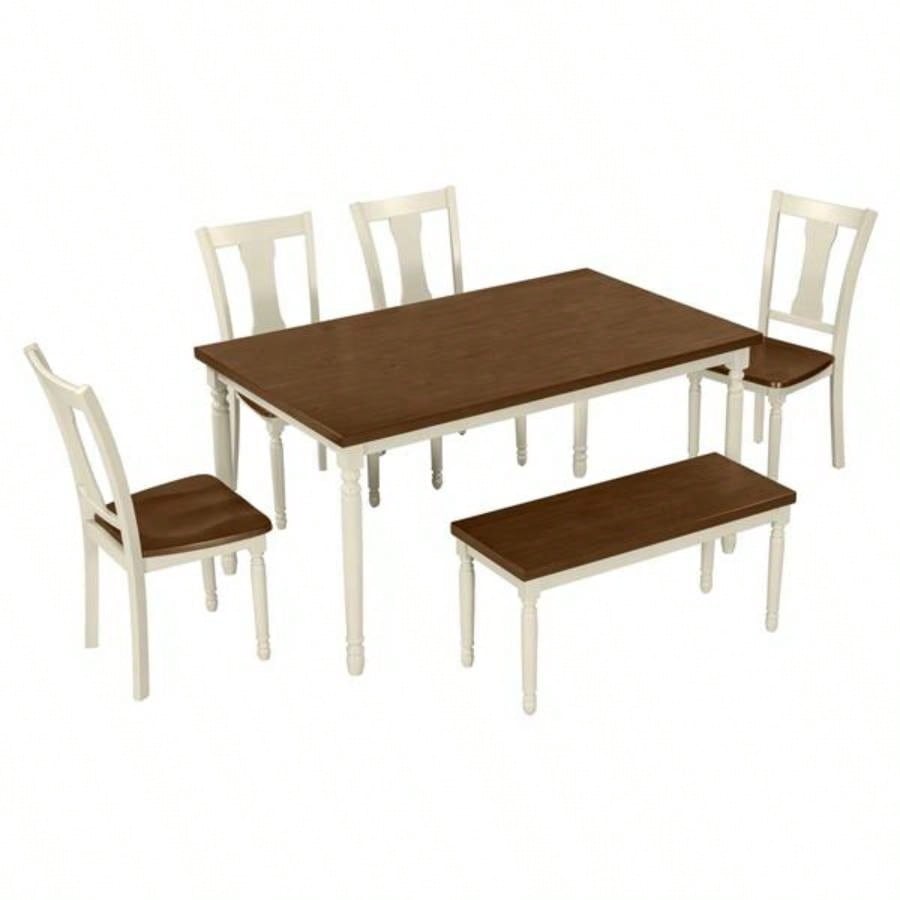 Classic 6 - Piece Dining Set Wooden Table and 4 Chairs with Kitchen Dining Room Brown+Cottage White