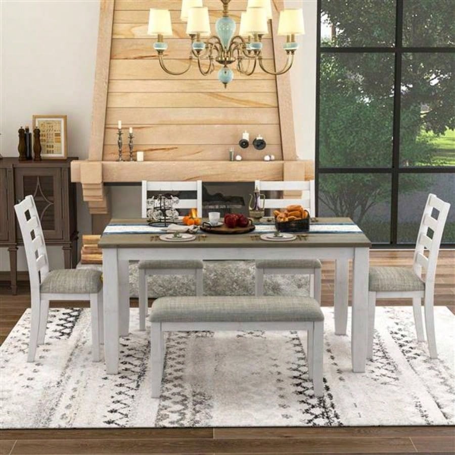 Rustic Style 6 - Piece Dining Room Table Set with 4 Upholstered Chairs a Brown+ Whitewash