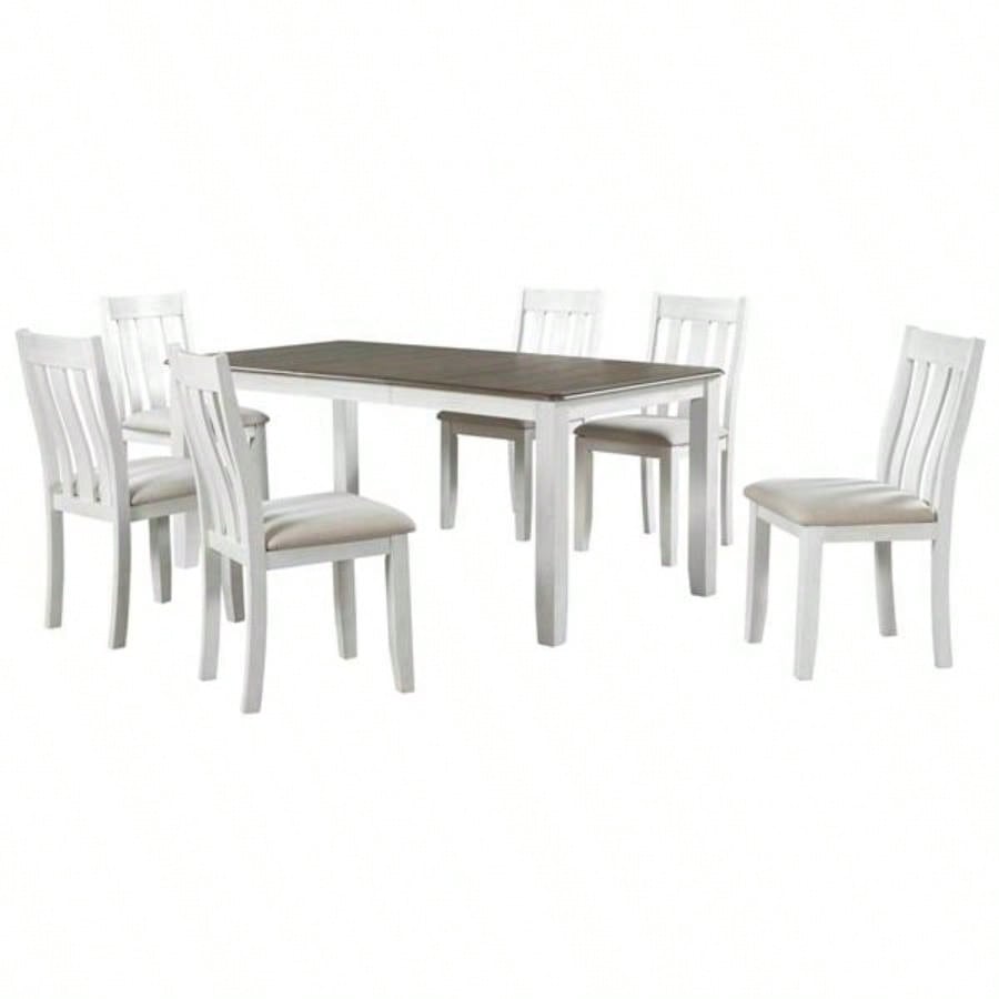 Retro Style - Piece Dining Table Set with Extendable Table and 6 Upholstered Chairs Brown+White