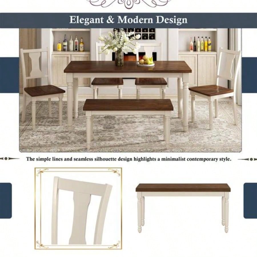 Classic 6 - Piece Dining Set Wooden Table and 4 Chairs with Kitchen Dining Room Brown+Cottage White