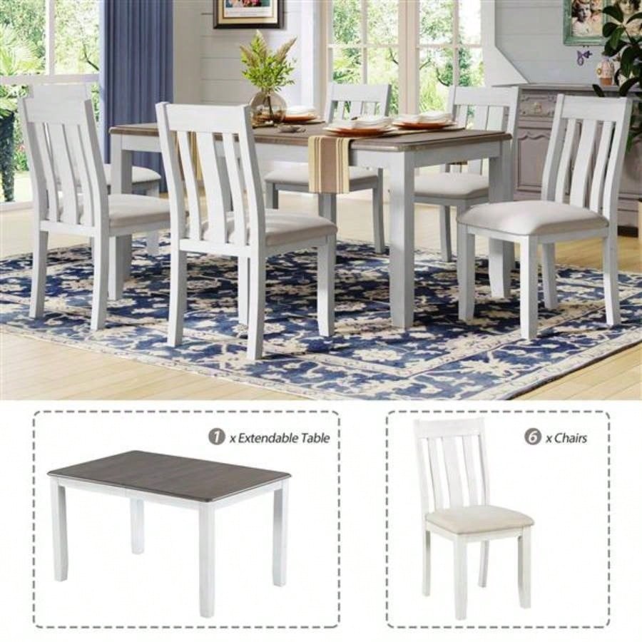 Retro Style - Piece Dining Table Set with Extendable Table and 6 Upholstered Chairs Brown+White