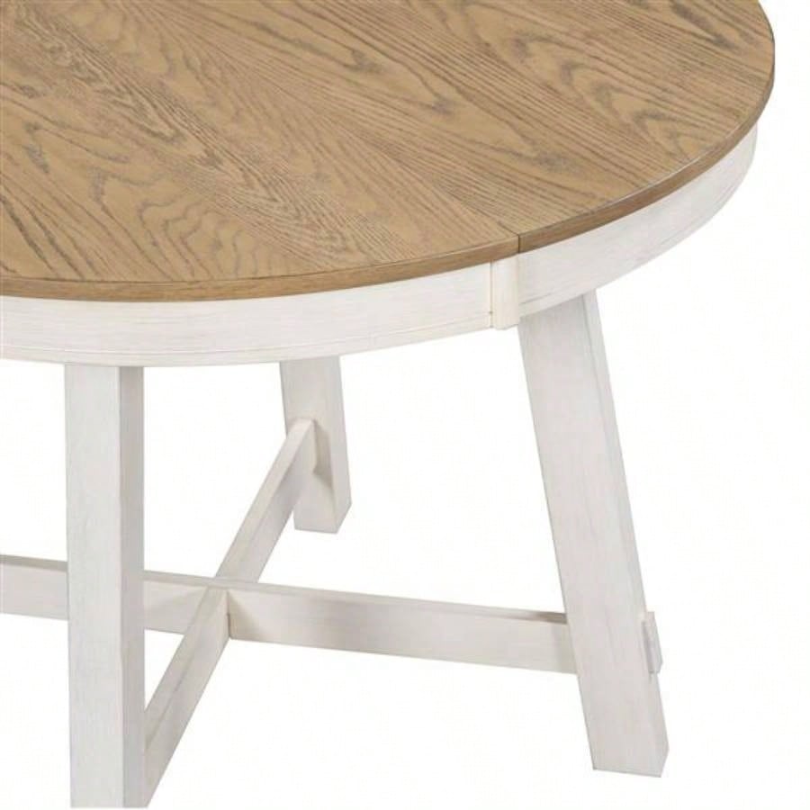 Farmhouse Round Extendable Dining Table with 16 Leaf Wood Kitchen Table Oak Natural Wood+ Antique White