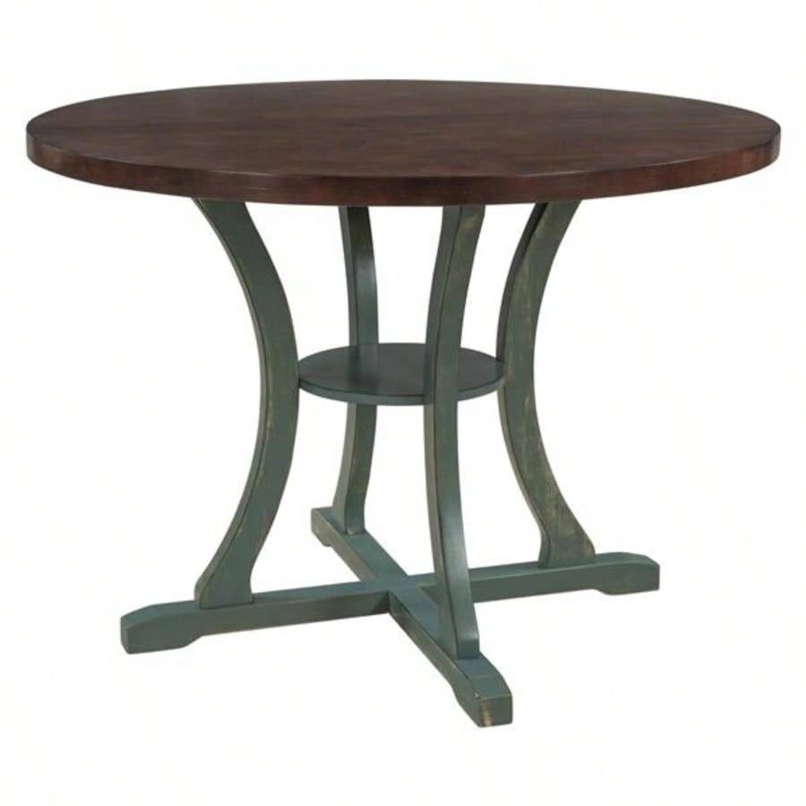 5 - Piece Round Dining Table and 4 Fabric Chairs with Special - shaped Table and Storage Shelf Antique Blue/ Dark Brown