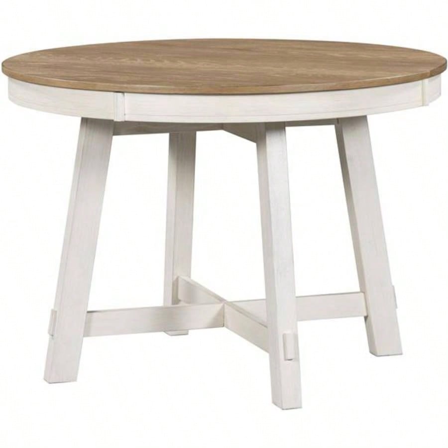 Farmhouse Round Extendable Dining Table with 16 Leaf Wood Kitchen Table Oak Natural Wood+ Antique White