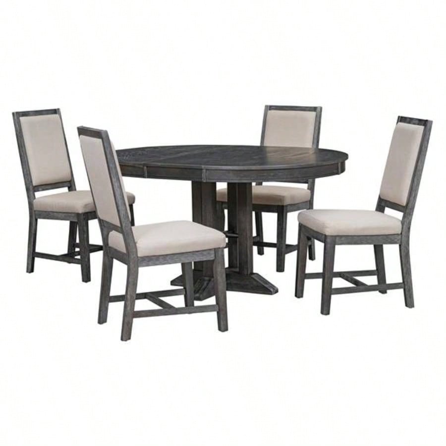 5 - Piece Dining Set Extendable Round Table and 4 Upholstered Chairs Farmhouse Dining Set Kitchen, Dining RoomBlack
