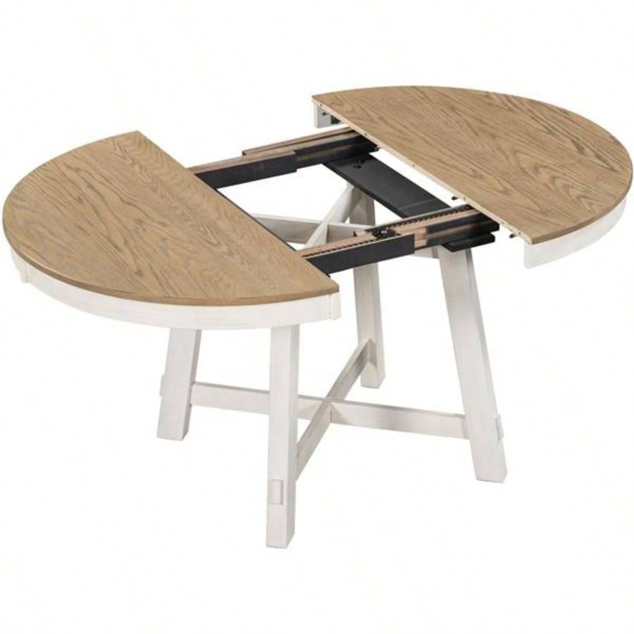 Farmhouse Round Extendable Dining Table with 16 Leaf Wood Kitchen Table Oak Natural Wood+ Antique White