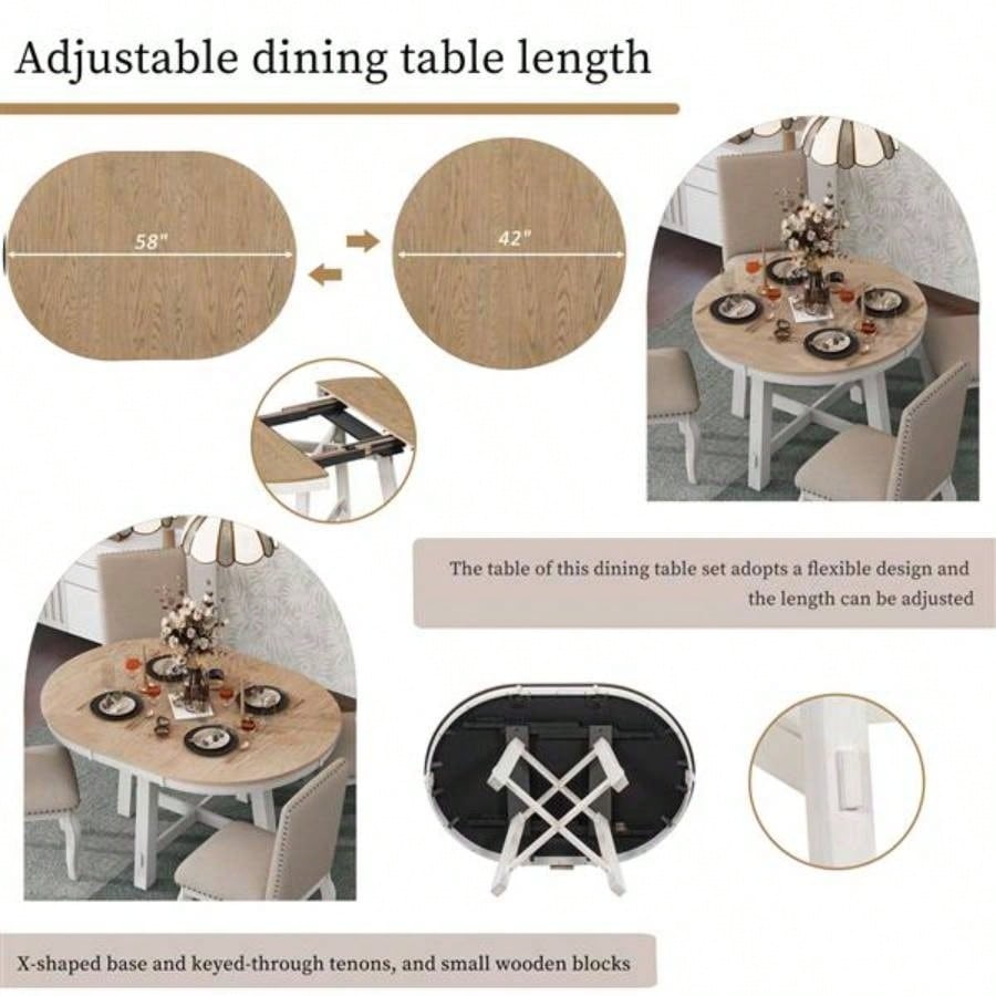 5 - Piece Farmhouse Dining Table Set Wood Round Extendable Dining Table and 4 Upholstered Dining Chairs Oak Natural Wood+ Antique White