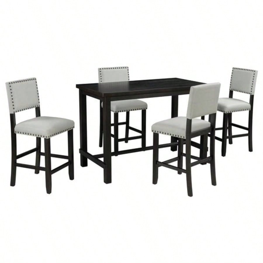 5 - Piece Counter Height Dining Set, Classic Elegant Table and 4 Chairs in Espresso and Beige