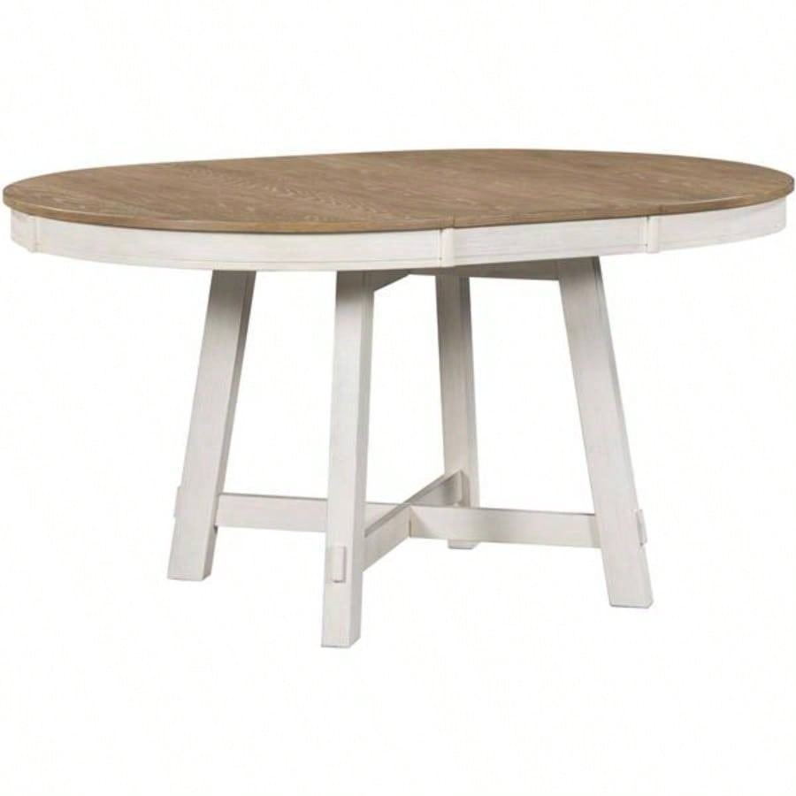 5 - Piece Farmhouse Dining Table Set Wood Round Extendable Dining Table and 4 Upholstered Dining Chairs Oak Natural Wood+ Antique White