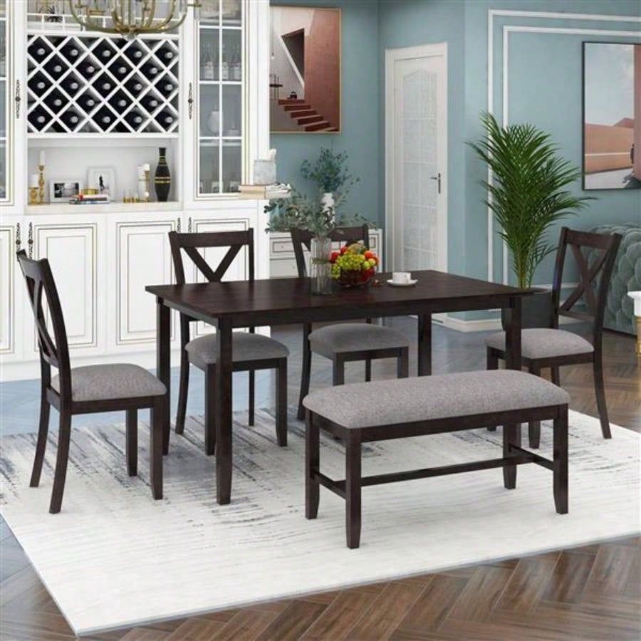 6 - Piece Kitchen Dining Table Set Wooden Rectangular Dining Table, 4 Fabric Chairs and Family Furniture Espresso