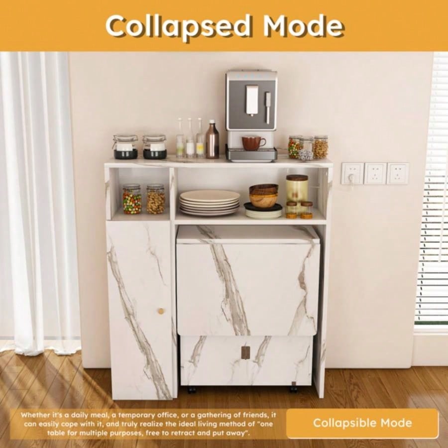 Multifunctional Folding Dining Table with Wall - Mounted Sideboard Storage Small Apartmentswihte