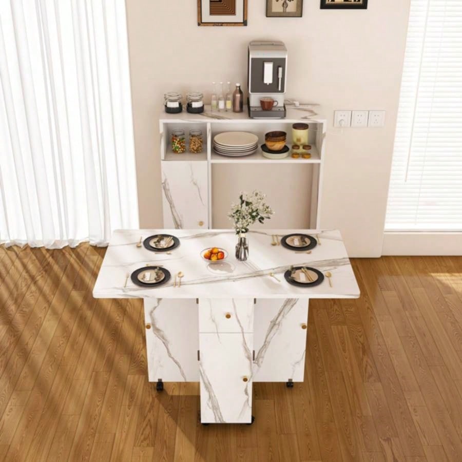 Multifunctional Folding Dining Table with Wall - Mounted Sideboard Storage Small Apartmentswihte