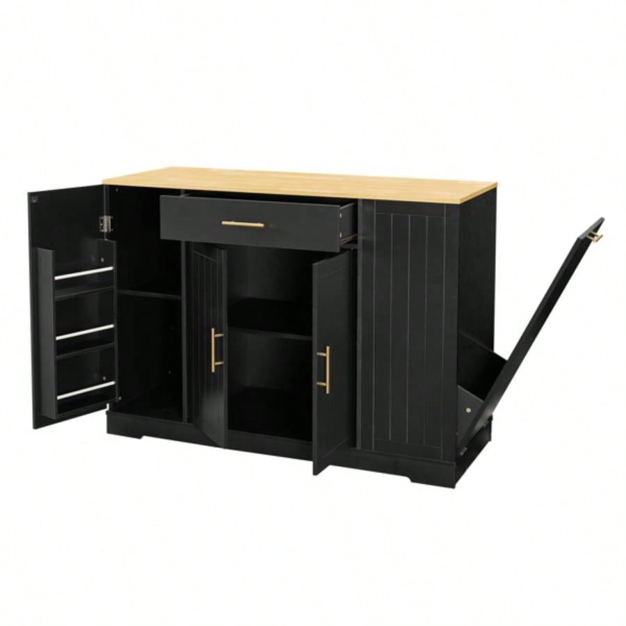 53 inch Large Kitchen Island with Trash Can Storage Cabinet, Islands Table with Drawer and Adjustable Shelves, Breakfast Bar Cabinet 13 Gallon Garbage Bin, Black Oak