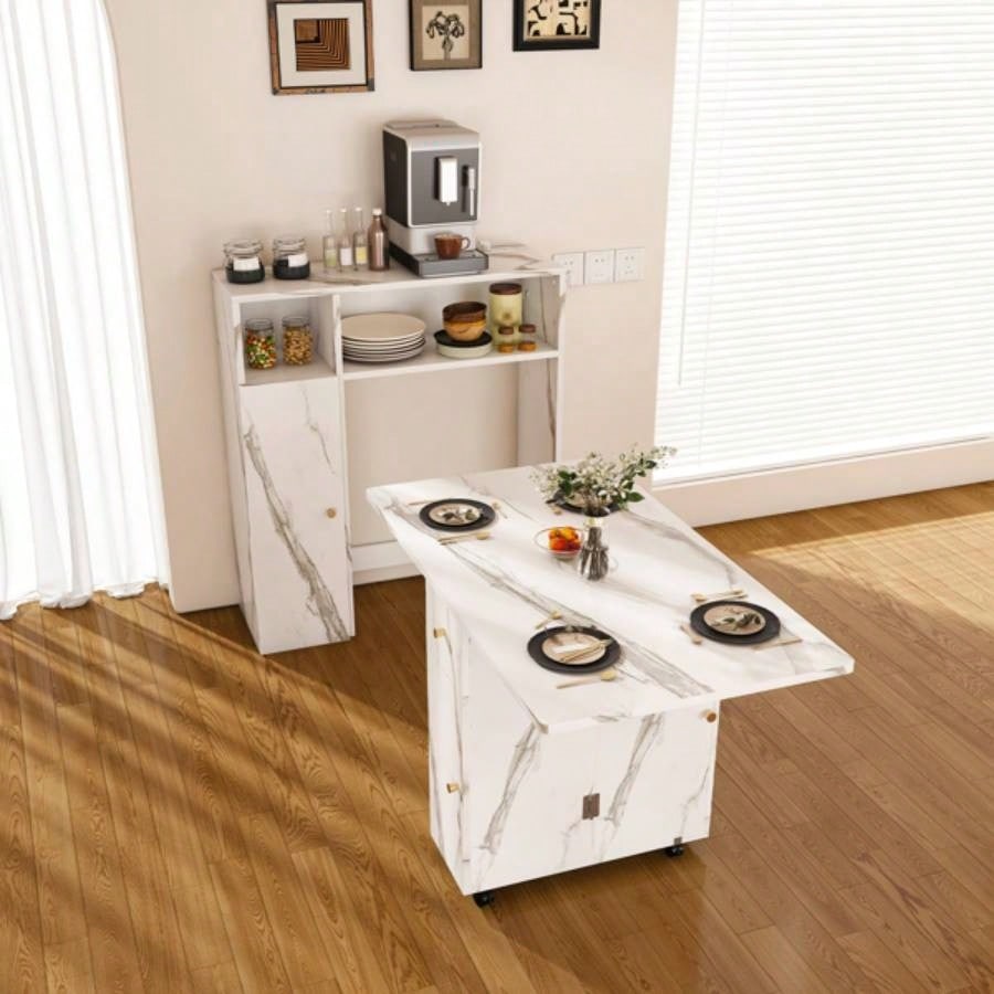 Multifunctional Folding Dining Table with Wall - Mounted Sideboard Storage Small Apartmentswihte