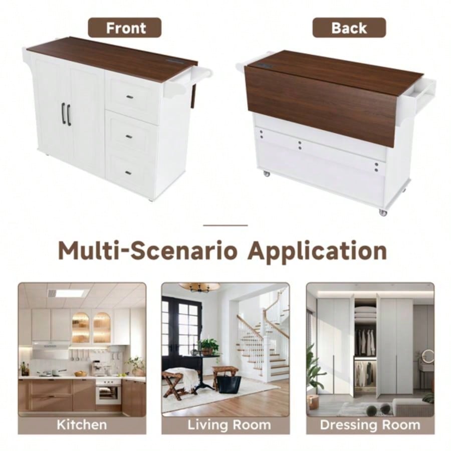 White Kitchen Island Cart with Foldable Tabletop Drop Leaf - Mobile Breakfast Bar on Wheels with Wood Top and Storage