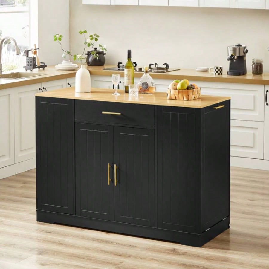 53 inch Large Kitchen Island with Trash Can Storage Cabinet, Islands Table with Drawer and Adjustable Shelves, Breakfast Bar Cabinet 13 Gallon Garbage Bin, Black Oak