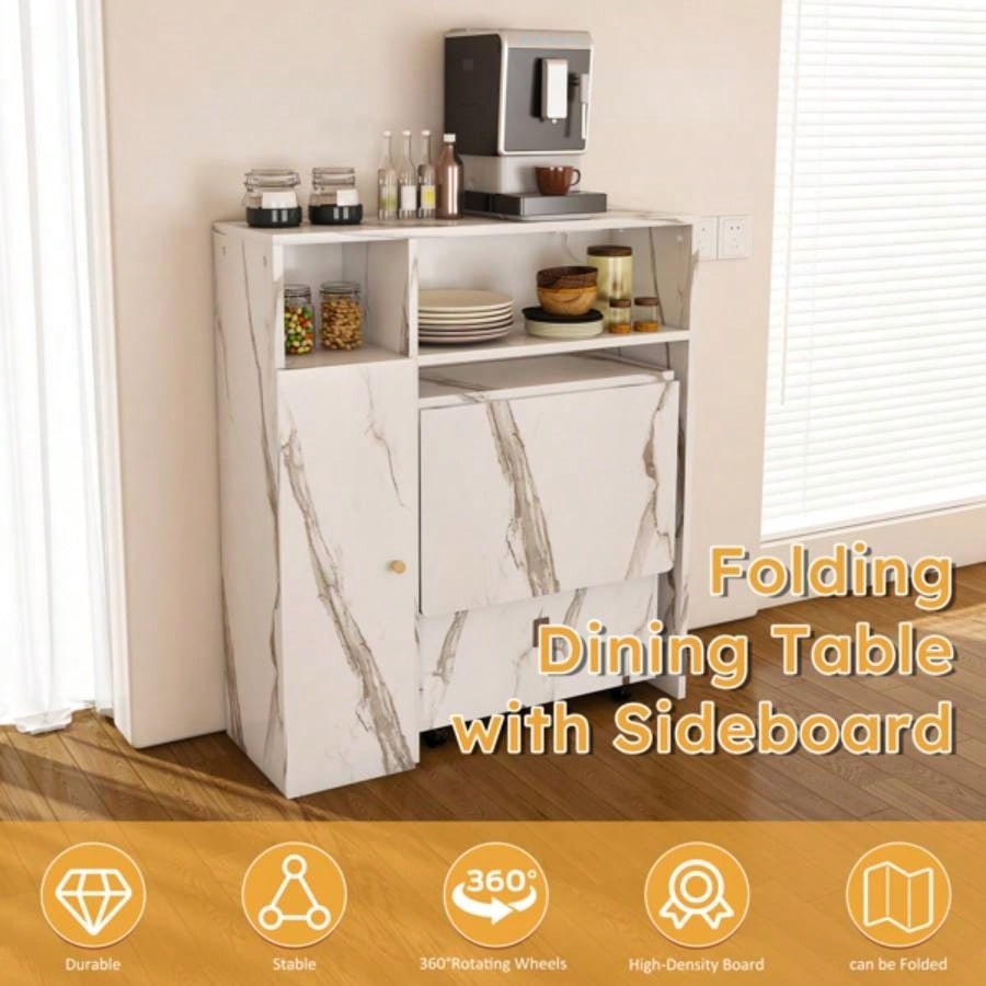 Multifunctional Folding Dining Table with Wall - Mounted Sideboard Storage Small Apartmentswihte