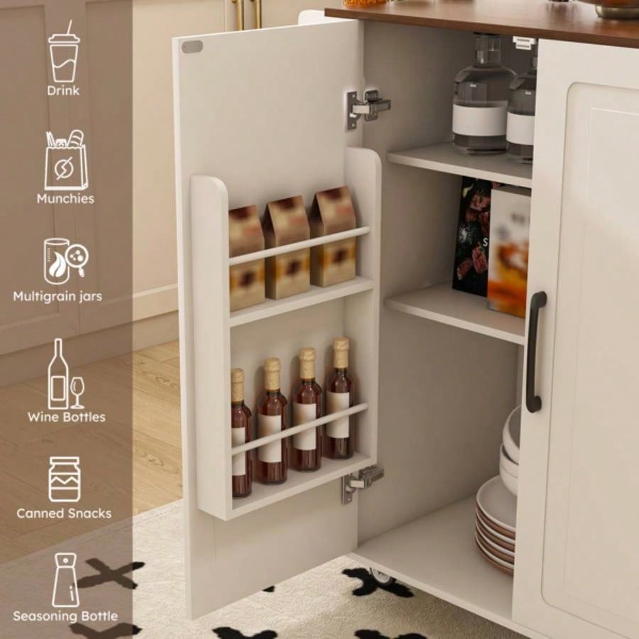 White Kitchen Island Cart with Foldable Tabletop Drop Leaf - Mobile Breakfast Bar on Wheels with Wood Top and Storage
