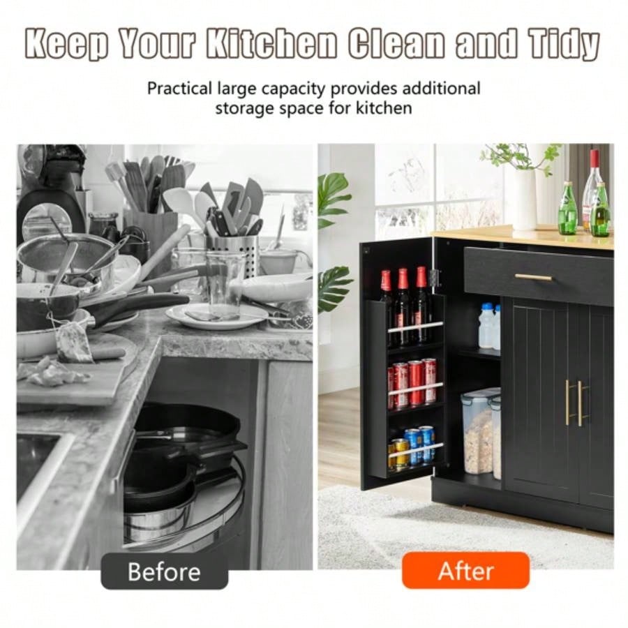 53 inch Large Kitchen Island with Trash Can Storage Cabinet, Islands Table with Drawer and Adjustable Shelves, Breakfast Bar Cabinet 13 Gallon Garbage Bin, Black Oak