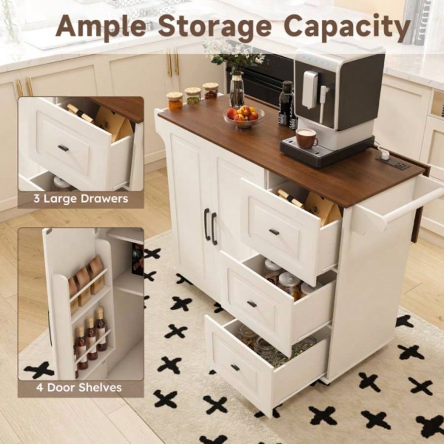 White Kitchen Island Cart with Foldable Tabletop Drop Leaf - Mobile Breakfast Bar on Wheels with Wood Top and Storage