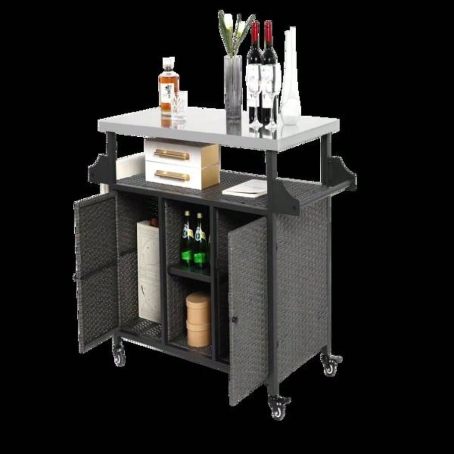 Large bar cart, Outdoor Kitchen Wicker Island Rolling Cart Storage Cabinet, Wheels and Stainless Steel Extended Table Top, Side Handle Patio Kitchen or Bar Cart,