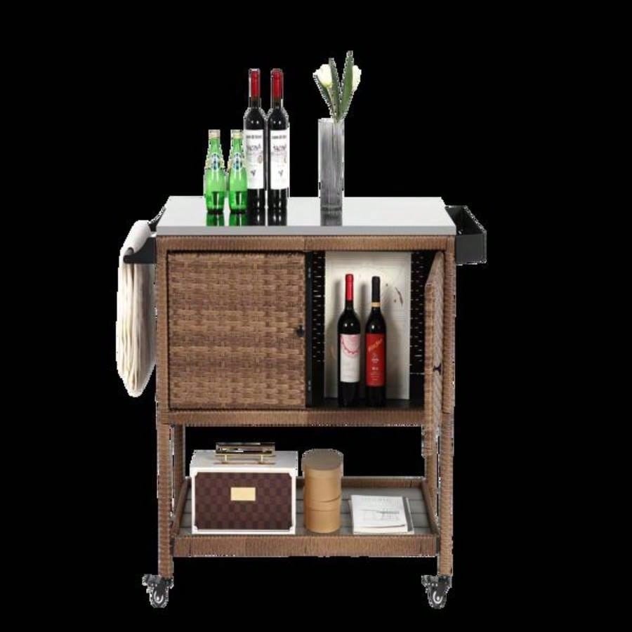 Outdoor Wicker Bar Cart, Patio Wine Serving Cart/Wheels, Rolling Rattan Beverage Bar Counter Table/Glass Top Porch Backyard Garden Poolside Party, Brown