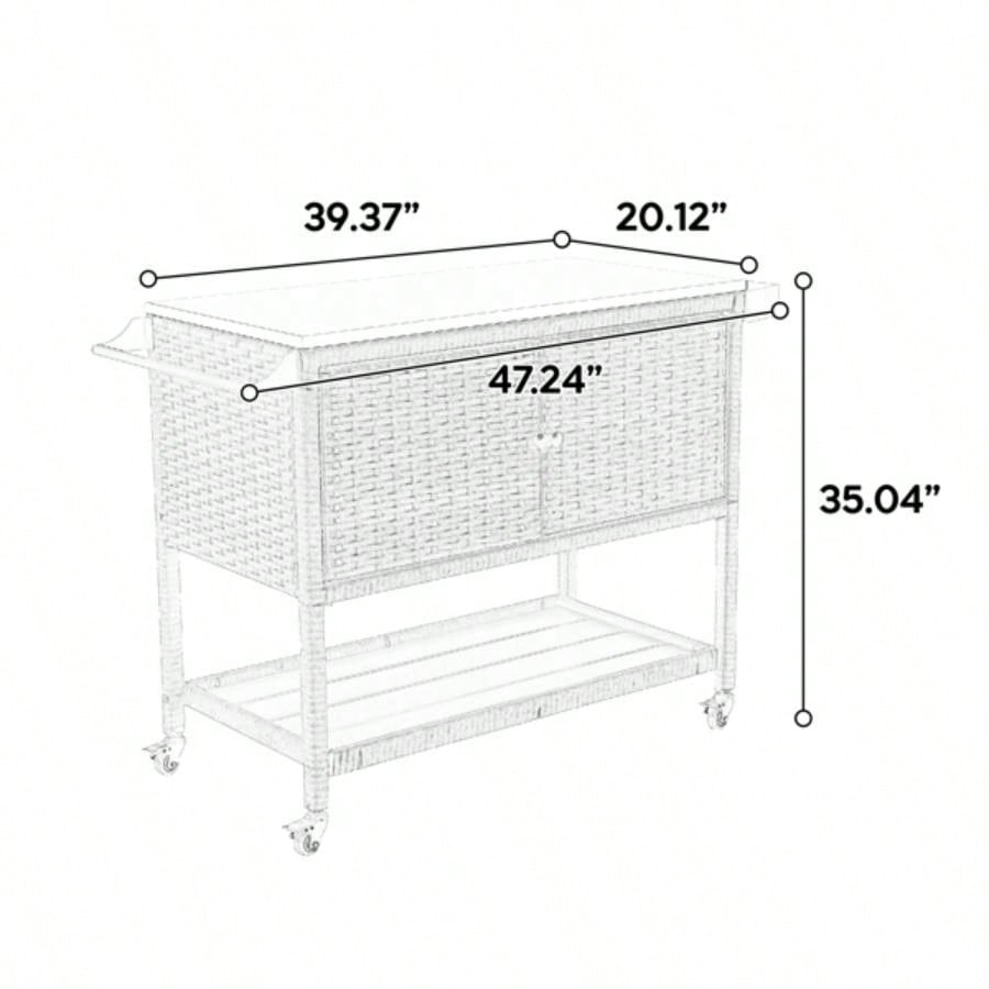 Outdoor Wicker Bar Cart, Patio Wine Serving Cart/Wheels, Rolling Rattan Beverage Bar Counter Table/Glass Top Porch Backyard Garden Poolside Party, Brown