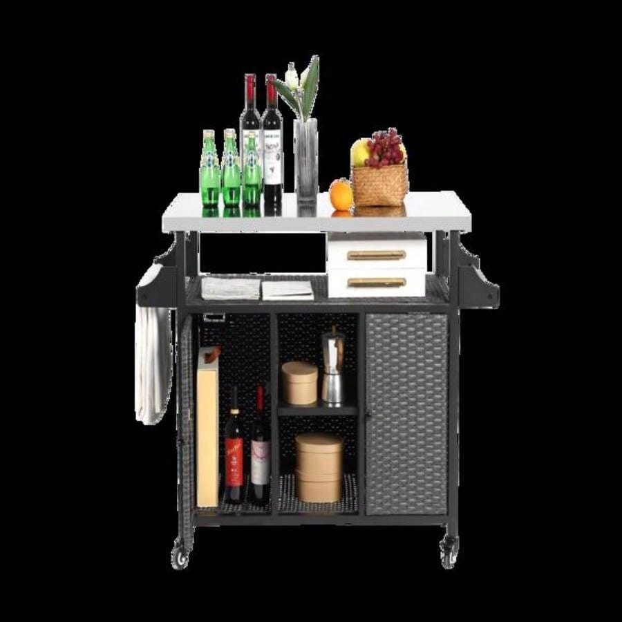Large bar cart, Outdoor Kitchen Wicker Island Rolling Cart Storage Cabinet, Wheels and Stainless Steel Extended Table Top, Side Handle Patio Kitchen or Bar Cart,