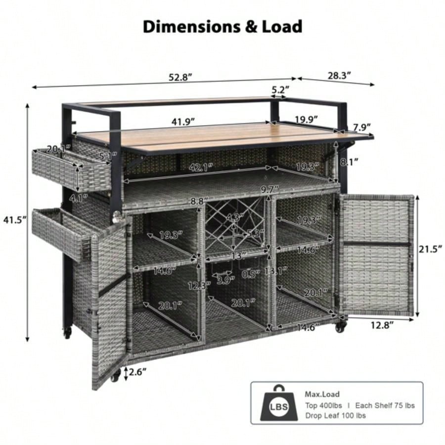 52.8 Wicker Outdoor Grill Cart with Extended Plastic Wood Table Top, Rolling Kitchen Island on Wheels with Storage Cabinet, Patio Backyard Garden Poolside, Double Handle Design,