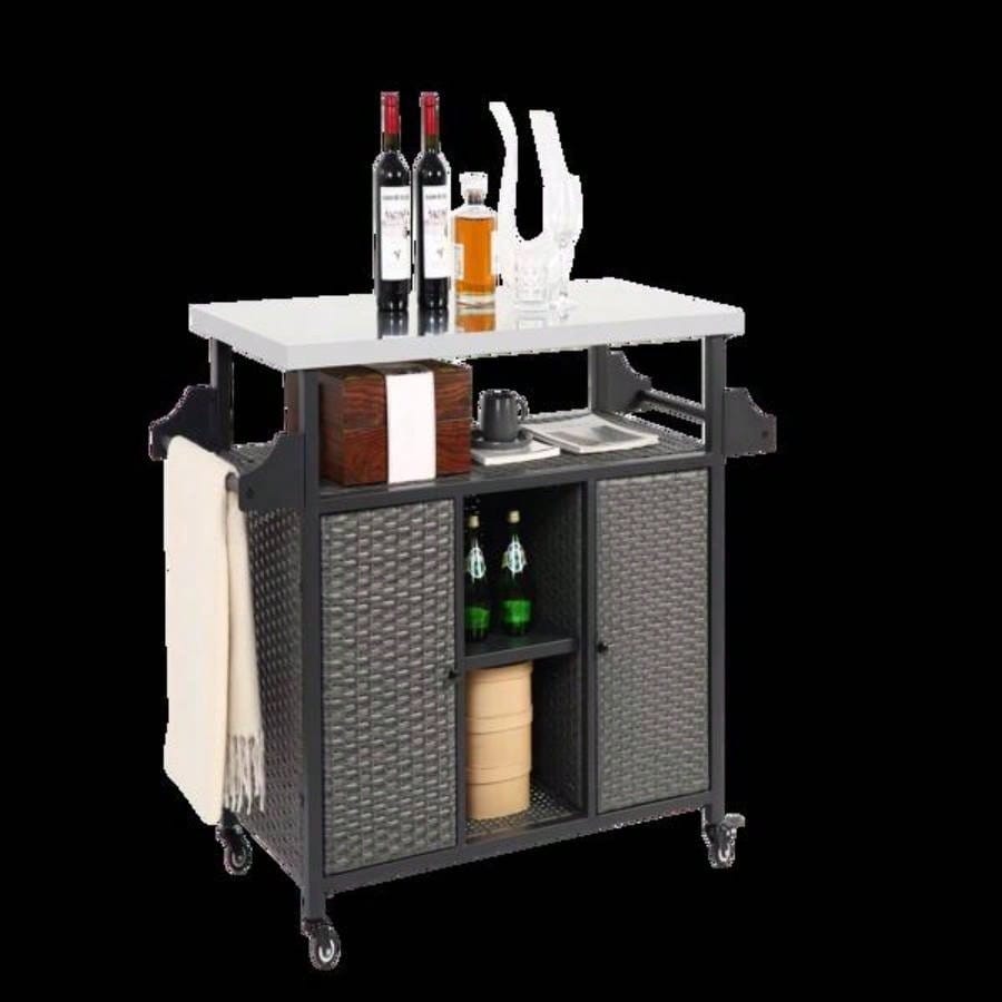 Large bar cart, Outdoor Kitchen Wicker Island Rolling Cart Storage Cabinet, Wheels and Stainless Steel Extended Table Top, Side Handle Patio Kitchen or Bar Cart,