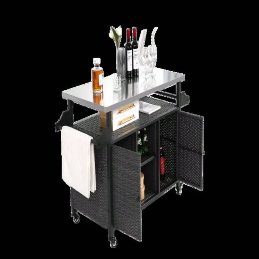 Large bar cart, Outdoor Kitchen Wicker Island Rolling Cart Storage Cabinet, Wheels and Stainless Steel Extended Table Top, Side Handle Patio Kitchen or Bar Cart,
