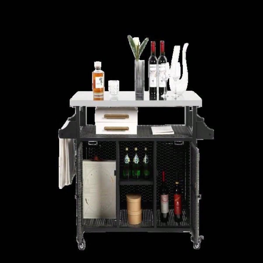 Large bar cart, Outdoor Kitchen Wicker Island Rolling Cart Storage Cabinet, Wheels and Stainless Steel Extended Table Top, Side Handle Patio Kitchen or Bar Cart,