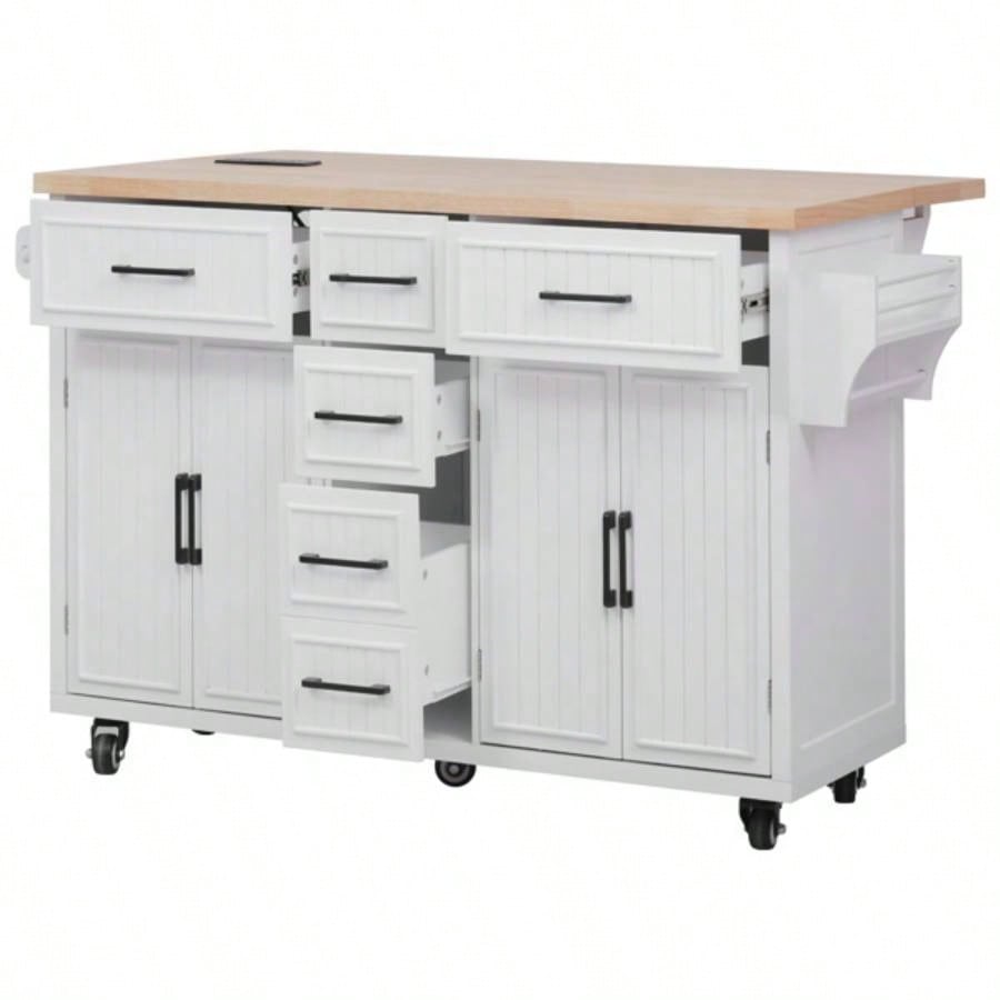 56.539; 39; Kitchen Island with Drop Leaf, Power Outlet, Embossed Vertical Stripe Rolling Kitchen Cart on Wheels with 4 Doors, 5 Deep Drawers and Adjustable Shelves, Kitchen, Dining Room, White