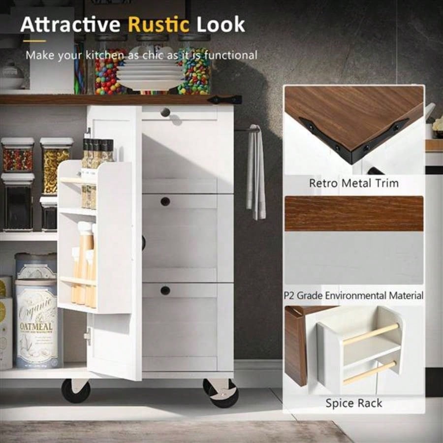 54.5 Farmhouse Kitchen Island with Power Outlet, Kitchen Storage Island with Internal Storage Rack, Drop Leaf, Spice Rack, Rolling Kitchen Cart on Wheels, Home, Kitchen and Dining Room, White