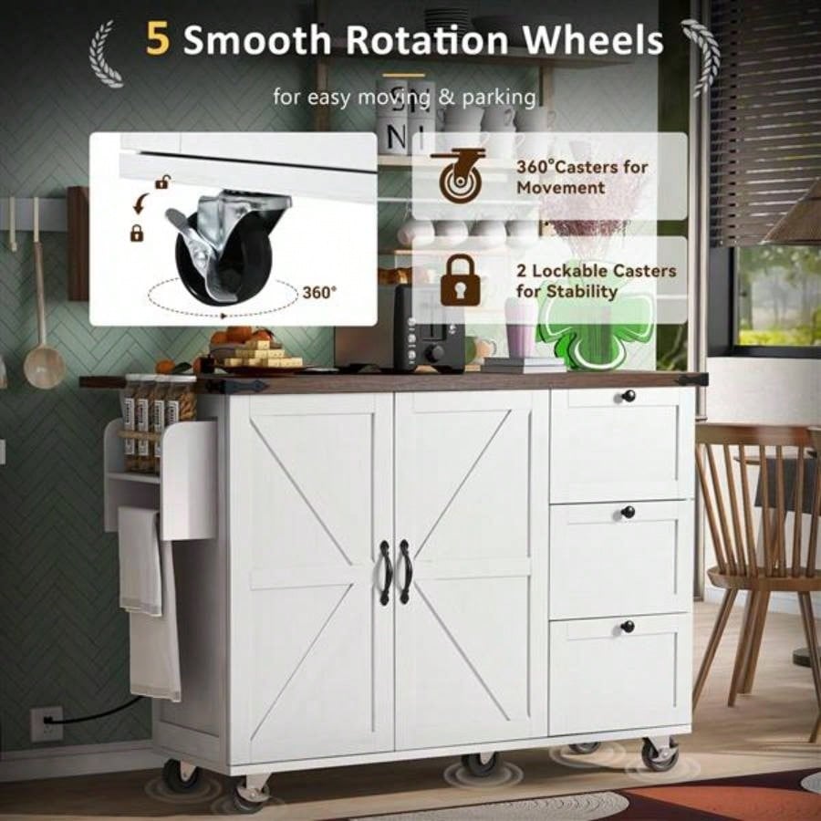 54.5 Farmhouse Kitchen Island with Power Outlet, Kitchen Storage Island with Internal Storage Rack, Drop Leaf, Spice Rack, Rolling Kitchen Cart on Wheels, Home, Kitchen and Dining Room, White