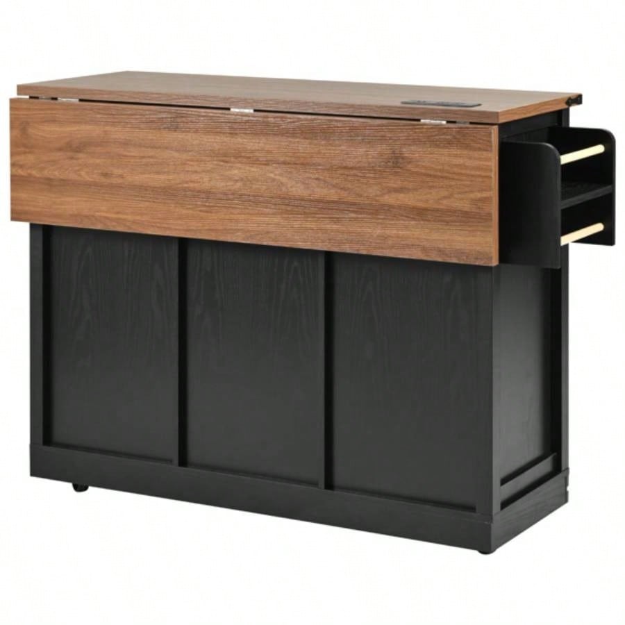 53. Farmhouse Kitchen Island with Power Outlet, 2 Sliding Barn Door Kitchen Storage Island with Drop Leaf, Spice Rack Rolling Kitchen Cart on Wheels, Home, Kitchen and Dining Room, Black