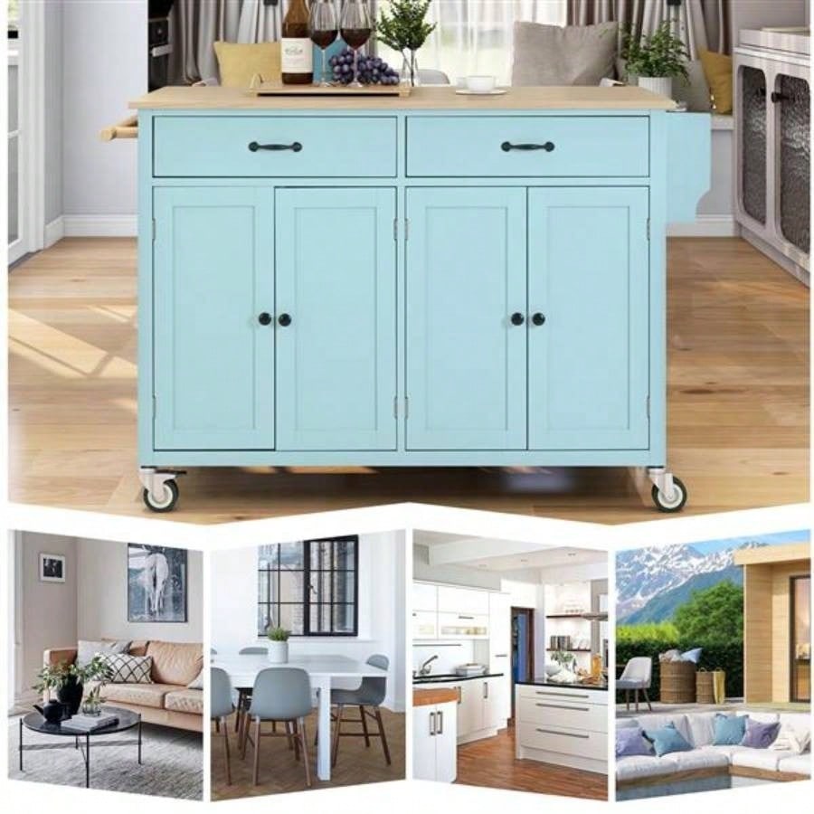 Kitchen Island Cart with 4 Door Cabinet and Two Drawers and 2 Locking Wheels - Solid Wood Top, Adjustable Shelves, Spice Towel RackMint Green