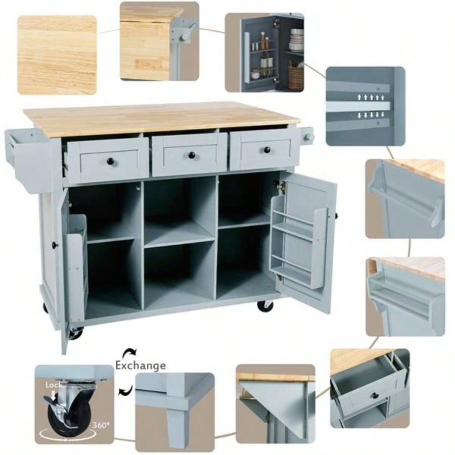 Kitchen Cart with Rubber wood Drop - Leaf Countertop, Cabinet door internal storage racks, Kitchen Island on 5 Wheels with Storage Cabinet and 3 Drawers Dinning Room, Blue