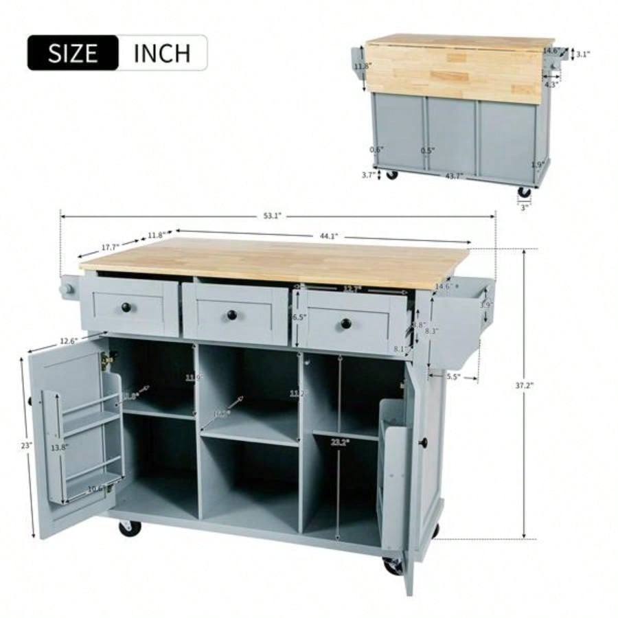 Kitchen Cart with Rubber wood Drop - Leaf Countertop, Cabinet door internal storage racks, Kitchen Island on 5 Wheels with Storage Cabinet and 3 Drawers Dinning Room, Blue