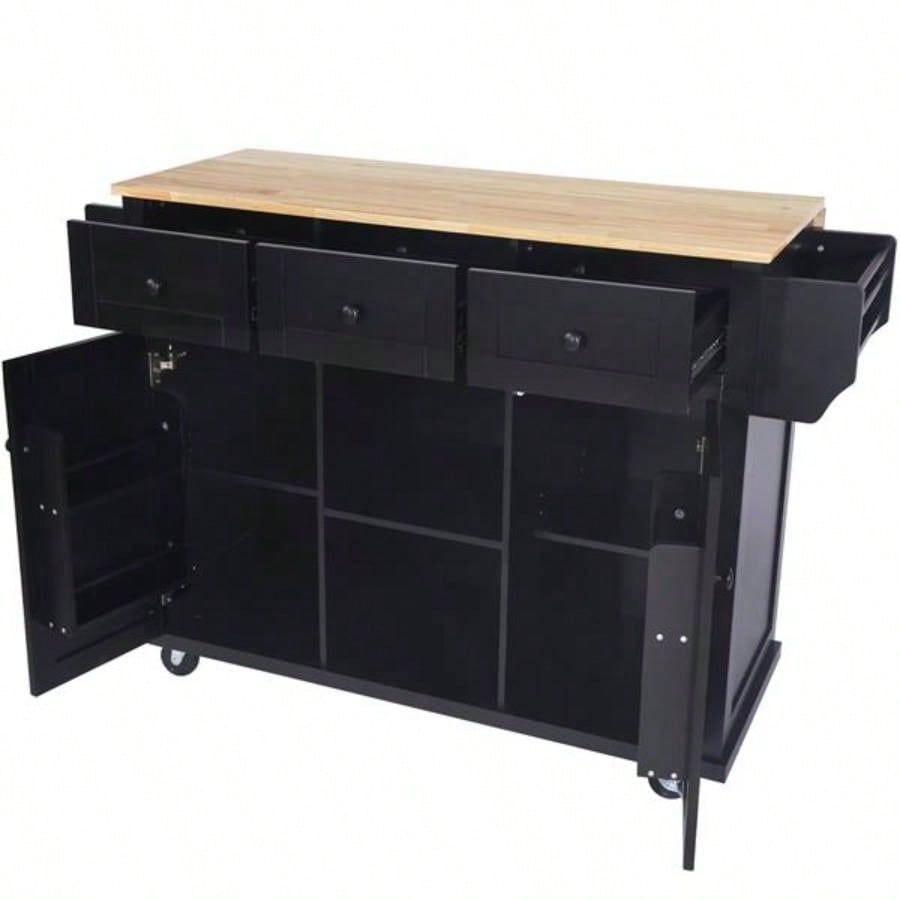 Kitchen Cart with Rubber wood Drop - Leaf Countertop, Cabinet door internal storage racks, Kitchen Island on 5 Wheels with Storage Cabinet and 3 Drawers Dinning Room, Black