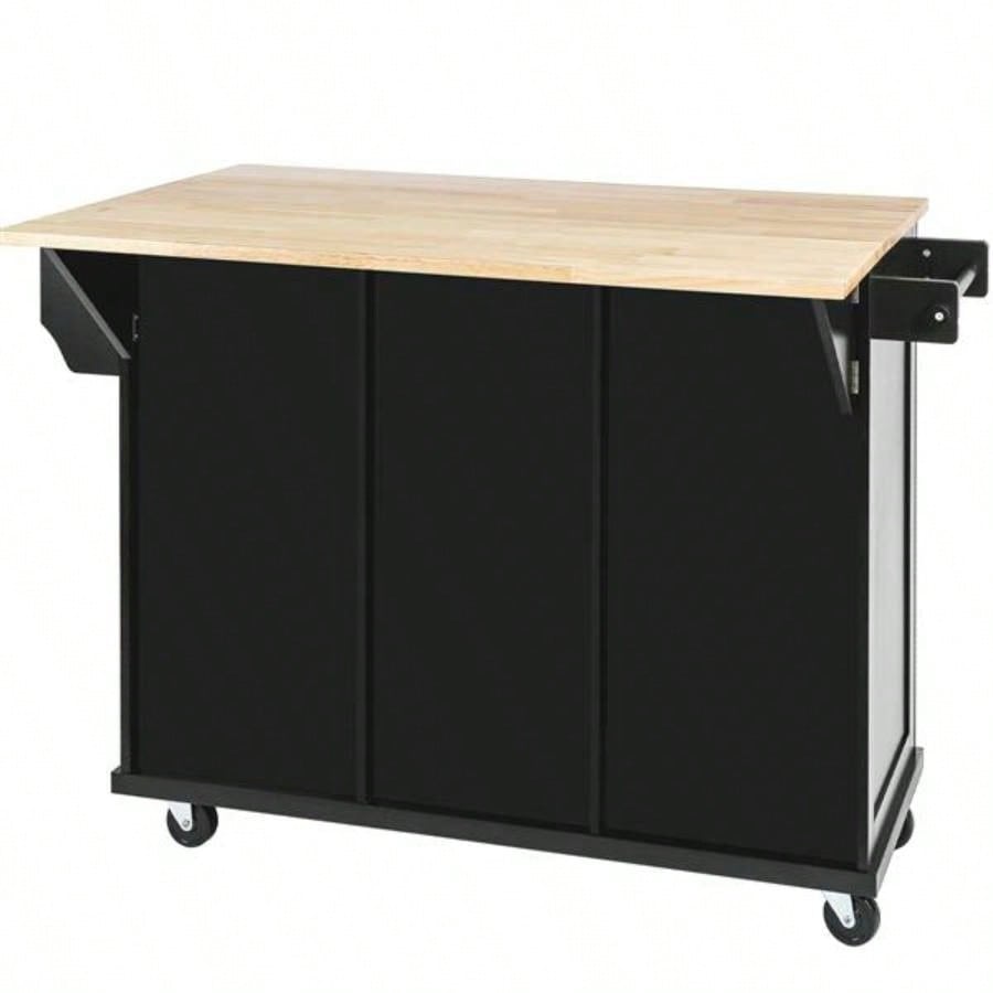 Kitchen Cart with Rubber wood Drop - Leaf Countertop, Cabinet door internal storage racks, Kitchen Island on 5 Wheels with Storage Cabinet and 3 Drawers Dinning Room, Black