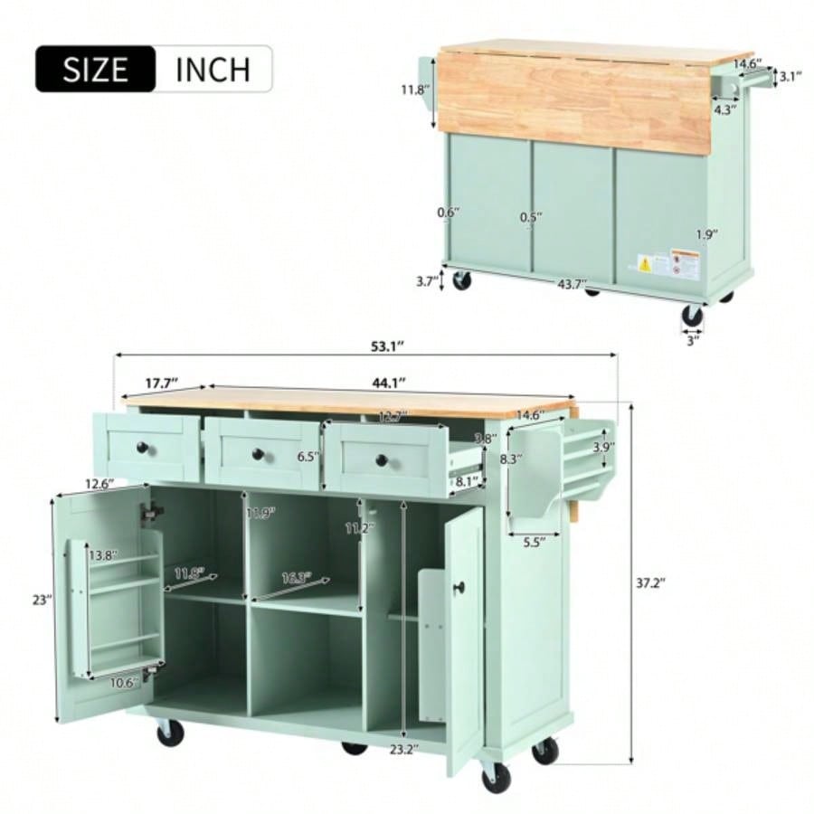 Kitchen Cart with Rubber wood Drop - Leaf Countertop, Cabinet door internal storage racks, Kitchen Island on 5 Wheels with Storage Cabinet and 3 Drawers Dinning Room, Mint Green