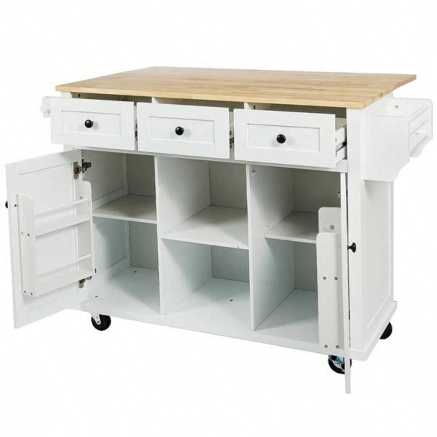 Kitchen Cart with Rubber wood Drop - Leaf Countertop, Cabinet door internal storage racks, Kitchen Island on 5 Wheels with Storage Cabinet and 3 Drawers Dinning Room, White