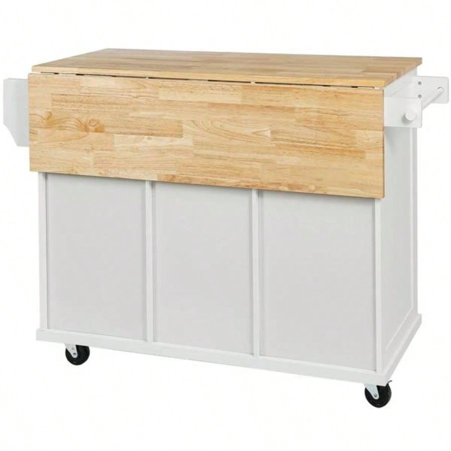 Kitchen Cart with Rubber wood Drop - Leaf Countertop, Cabinet door internal storage racks, Kitchen Island on 5 Wheels with Storage Cabinet and 3 Drawers Dinning Room, White