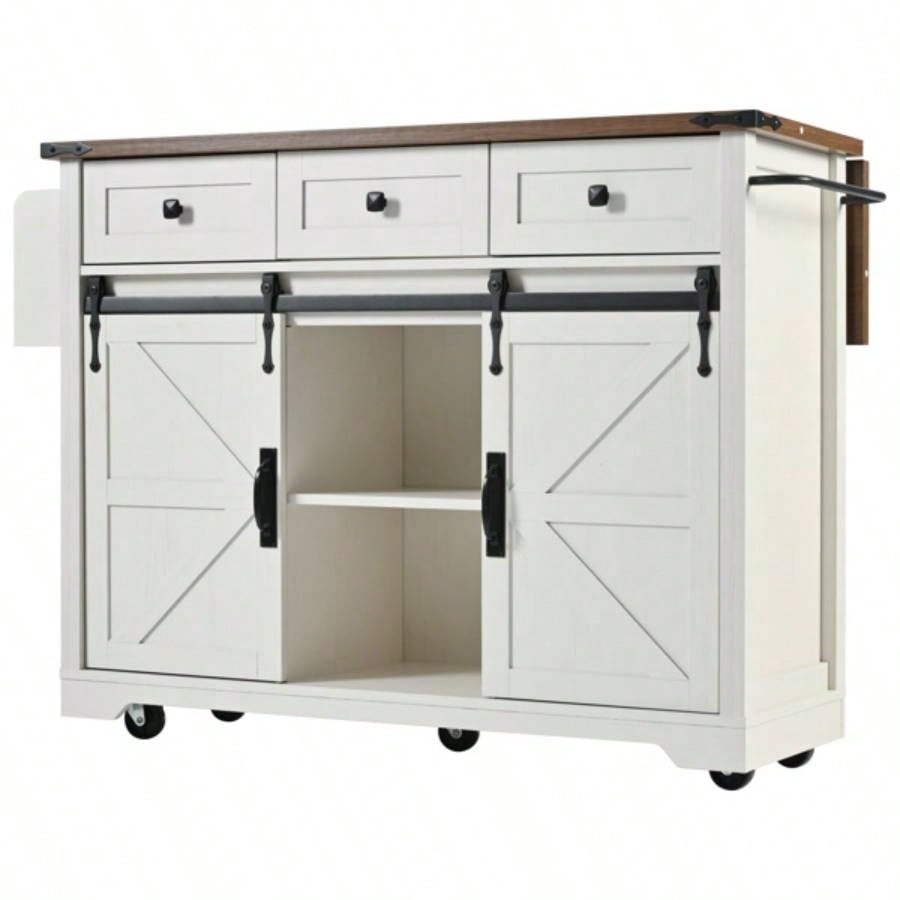 53. Farmhouse Kitchen Island with Power Outlet, 2 Sliding Barn Door Kitchen Storage Island with Drop Leaf, Spice Rack Rolling Kitchen Cart on Wheels, Home, Kitchen and Dining Room, White