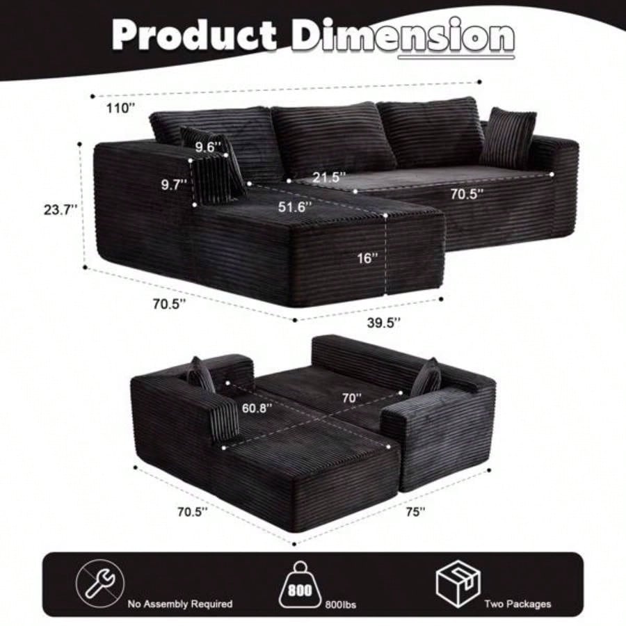 Compression Sectional Couch with Comfy Chaise, Boneless L Shape Sofa with Deep, Minimalist Modular Couches Sleeper Living Room Bedroom Apartment Lounge, corduroy, Black