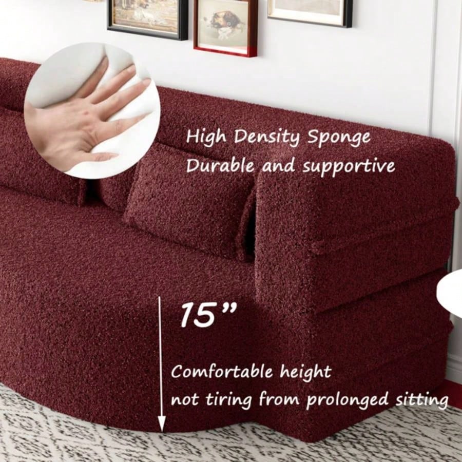 Modern Floor Sofa with 2 Pillows, Convertible Teddy Fabric Foam - Filled Sleeper Sofa Bed, 15 Full Size Folding Mattress Living Room, Guest Bed, no assembly required, Burgundy