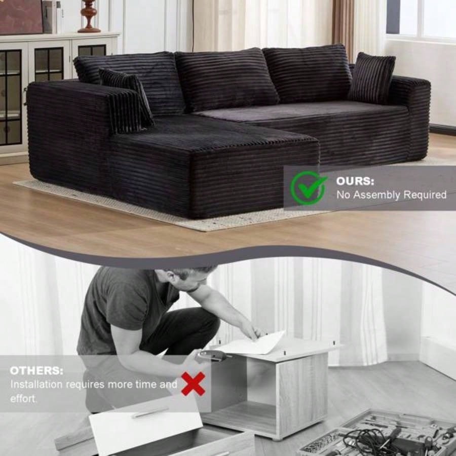 Compression Sectional Couch with Comfy Chaise, Boneless L Shape Sofa with Deep, Minimalist Modular Couches Sleeper Living Room Bedroom Apartment Lounge, corduroy, Black